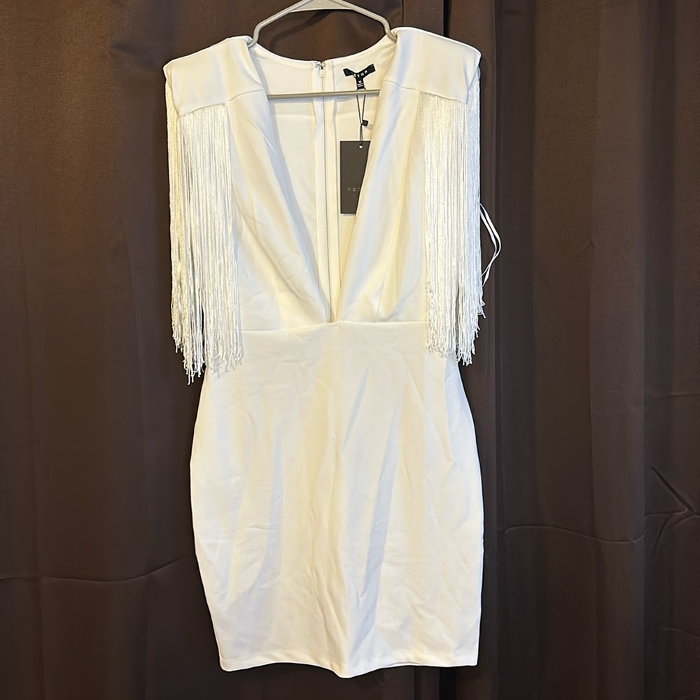 White fringe plunging neckline dress NWT